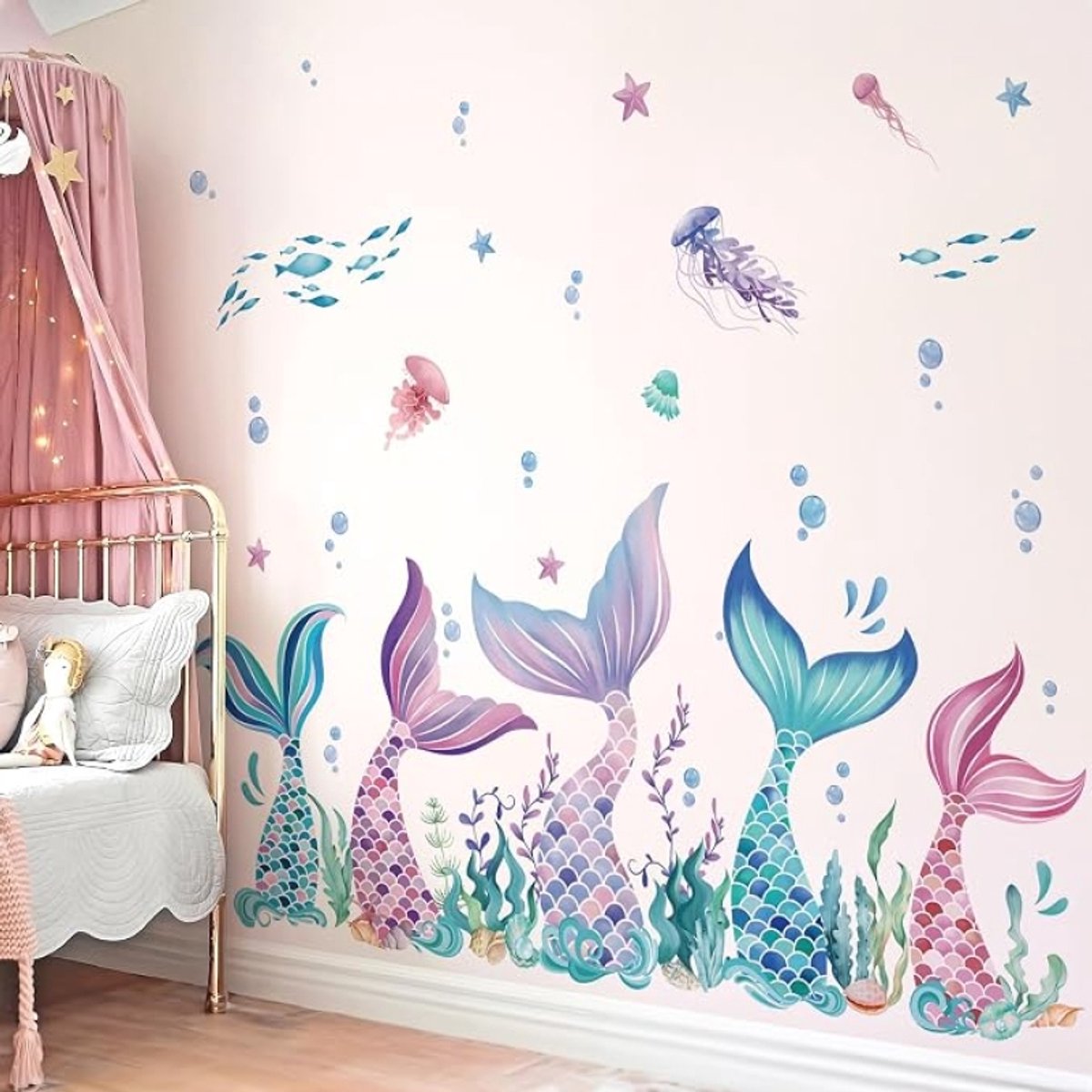 Muurstickers Zeemeermin Onderwater Themu Sticker Set 30x90cm, Waterdicht PVC voor Kinderkamer, Slaapkamer en Woonkamer Decoratie