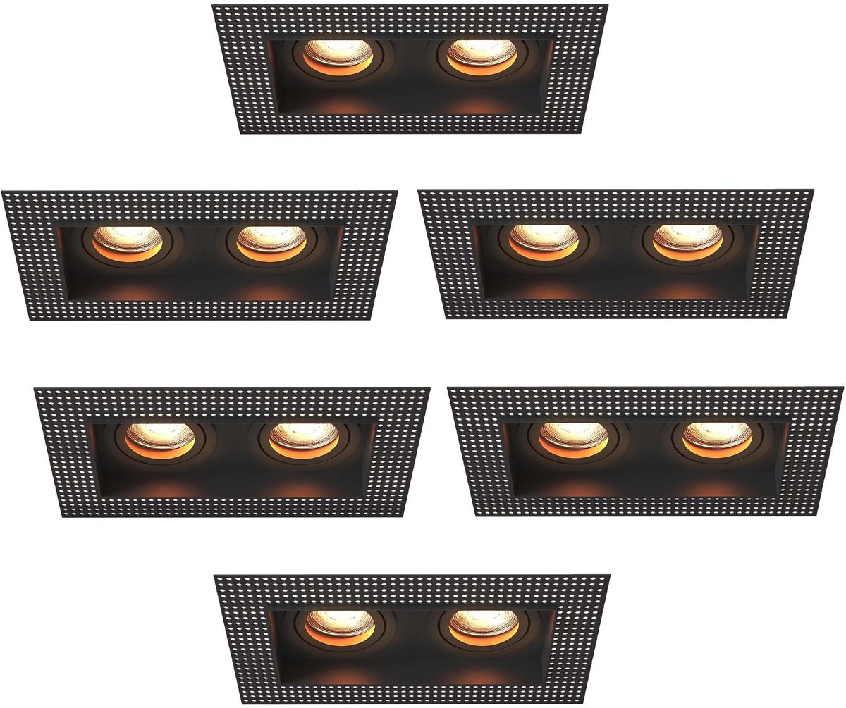 Ledvion – 6x Trimless LED Inbouwspot Dubbelarmatuur 130x130mm – Zwart – Dimbaar – Kantelbaar – GU10 – 2700K – 3W – IP20