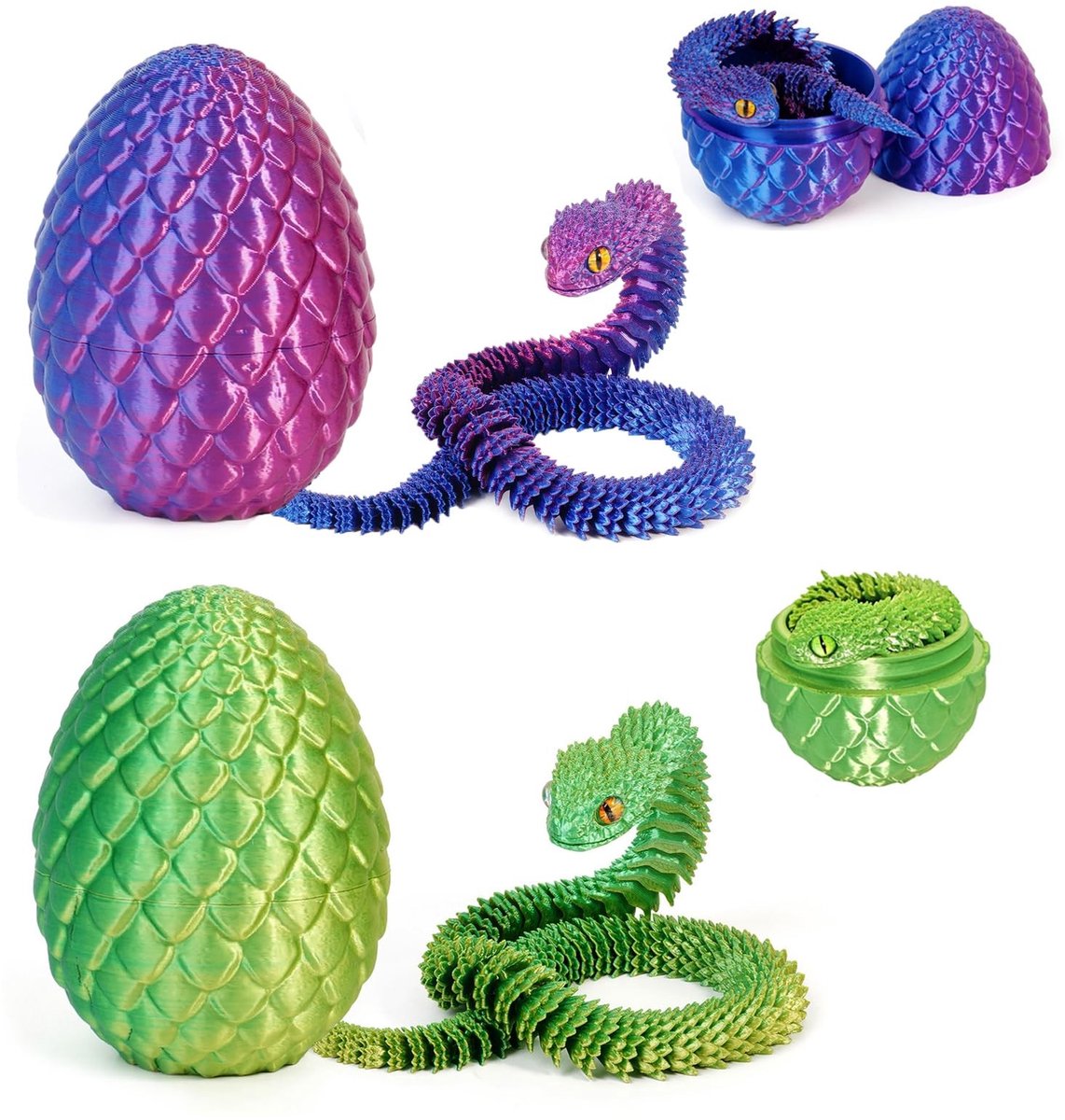 Elzusha- 3D-gedrukte Slang 30 cm - Fidgetspeelgoed - Slangenfiguur - Kantoorspeelgoed - Decoratie - Inclusief Ei 8,5 cm - Fidgettoy