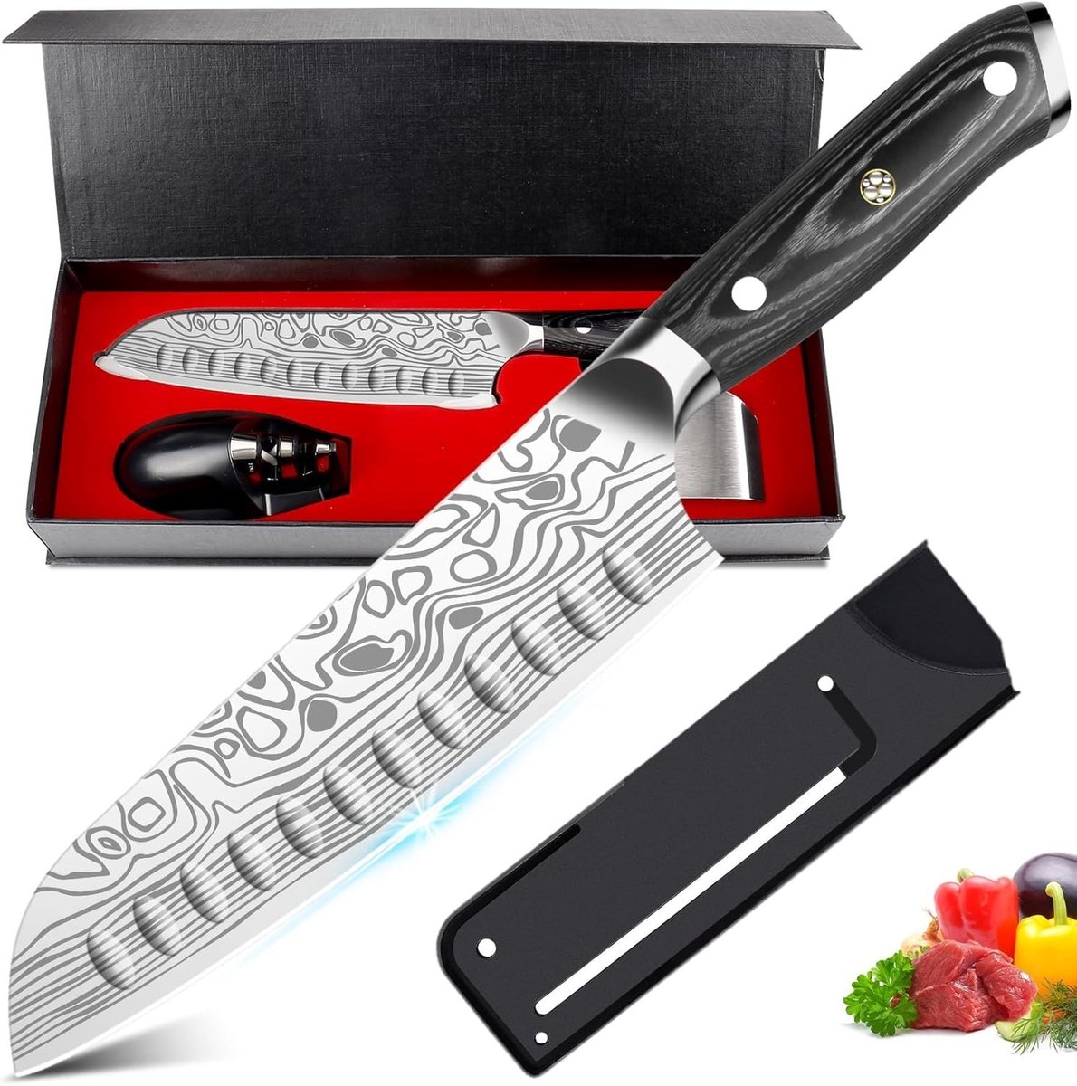 Elzusha - Santoku Koksmes van EN.4116 met Vingerbescherming en Slijper in Geschenkdoos