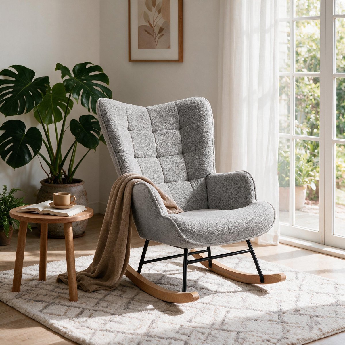 Schommelstoel in pluche stof, Relaxfauteuil, Fauteuil, Loungestoel met hoge rugleuning, Verpleegstoel Schommelstoel voor woonkamer, slaapkamer en balkon, Lichtgrijs