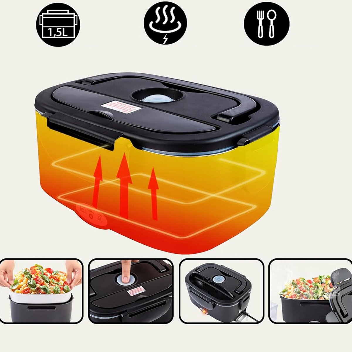 Elektrische Lunchbox - Verwarmde Bento Box - Thermos Lunchbox - Autolunchbox Elektrisch - 1,5L + 0,45L - RVS Binnenbak - Lekvrij Deksel - 12V/24V/220V - met Isolatietas & Bestek - Draagbare Broodtrommel - Voor Auto & Thuis & Kantoor — cadeau in Kookcadeaus - foto 6