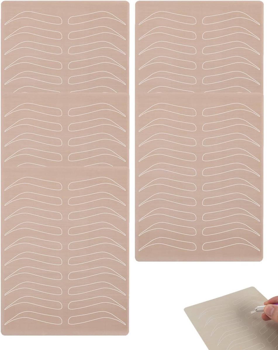 Realistische microblading wenkbrauwtatoeage set van 5 stuks, latex oefenhuid voor beginners en PMU-technici, ideaal voor training en praktijk.