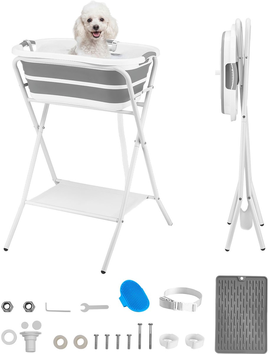 Opvouwbaar Hondenbad 28L, Verhoogd Huisdierenbad met Stevig Metalen Frame, Afvoer en Opbergplank, Geschikt voor Kleine Honden en Katten tot 8 kg, Ideaal voor Baden en Verzorgen, Draagbare Hondendouche, Grijs & Wit
