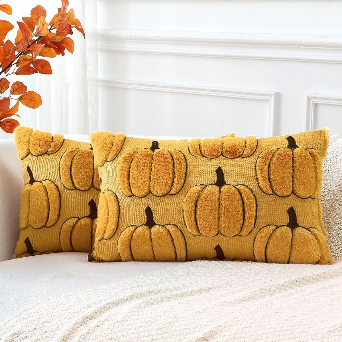 Set van 2 zachte pluche pompoen kussenslopen van kort wolfluweel voor herfstdecoratie, bank en slaapkamer, ideaal voor Halloween en sfeervolle accenten