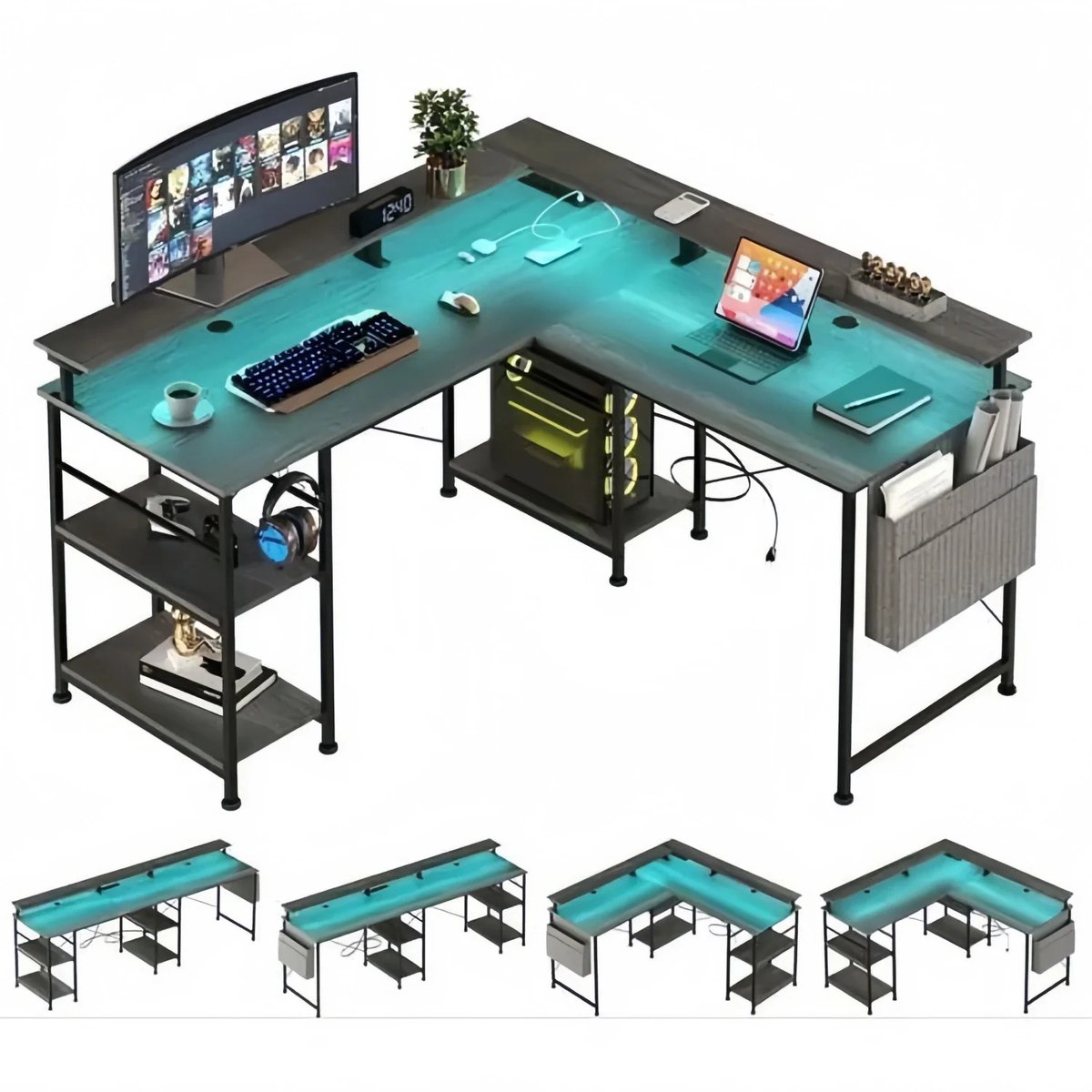 Gudalio Bureau - Hoekbureau - Computertafel - L-vormig - Gaming - LED verlichting - Stopcontacten - Bergruimte - Groot - Grijs