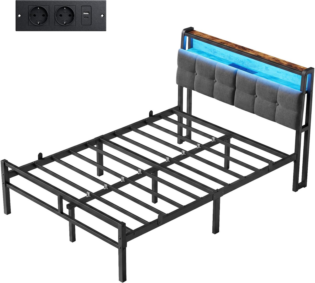 Bedframe – Met LED-verlichting – Matzwart, vintagebruin – 120 x 200 cm