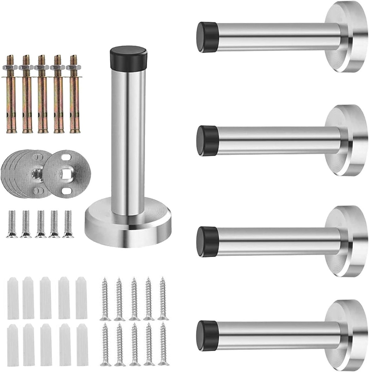 Deurstopper - Zilver - 95 mm - Roestvrij Staal met Rubberen Punt - Voor Wandmontage
