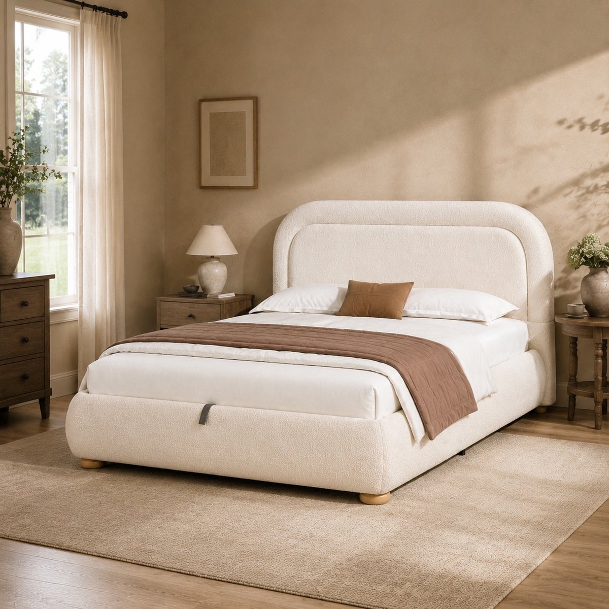 COVREO Bed 140x190 cm beige stof, met lattenbodem en opbergruimte