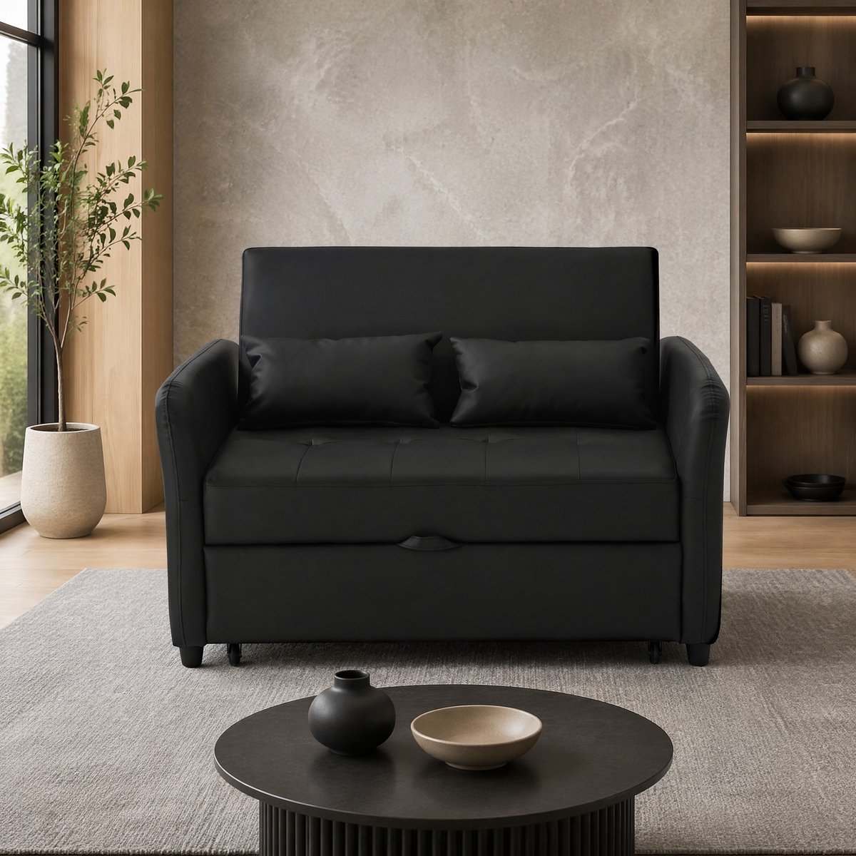 COVREO Slaapbank 122x83x82 cm zwart kunstleder, 2-zits met slaapfunctie