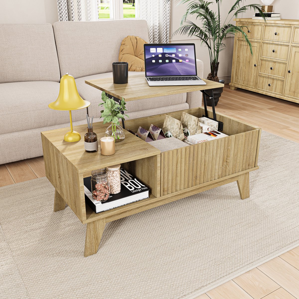 Salontafel met opklapbaar tafelblad, 95x48x42cm, opbergruimte en verborgen vakken, natuurlijk hout, bijzettafel in natuurlijke stijl, rechthoekige salontafel, grenenhouten poten, voor woonkamer, kantoor