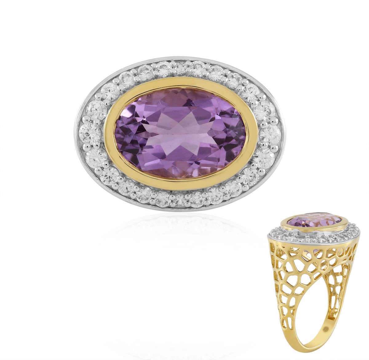 Cavill - Elegante Vergulde 925 Zilveren Ring met 5,4 Ct Lavendel Amethist en Cambodjaanse Zirkonen - Ovaal Design - Amethist Sieraden Dames