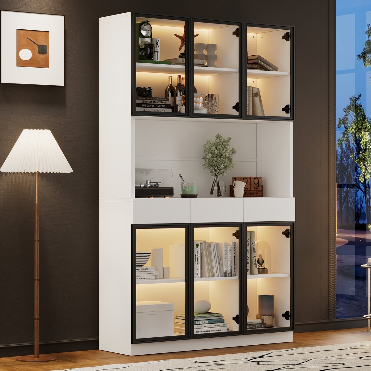 COVREO Vitrinekast 120x36x200 cm wit glas, LED verlichting, 3 lades voor opbergruimte