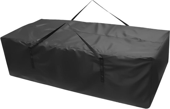 Zwarte, rechthoekige opbergtas voor tuinkussens met handvatten.