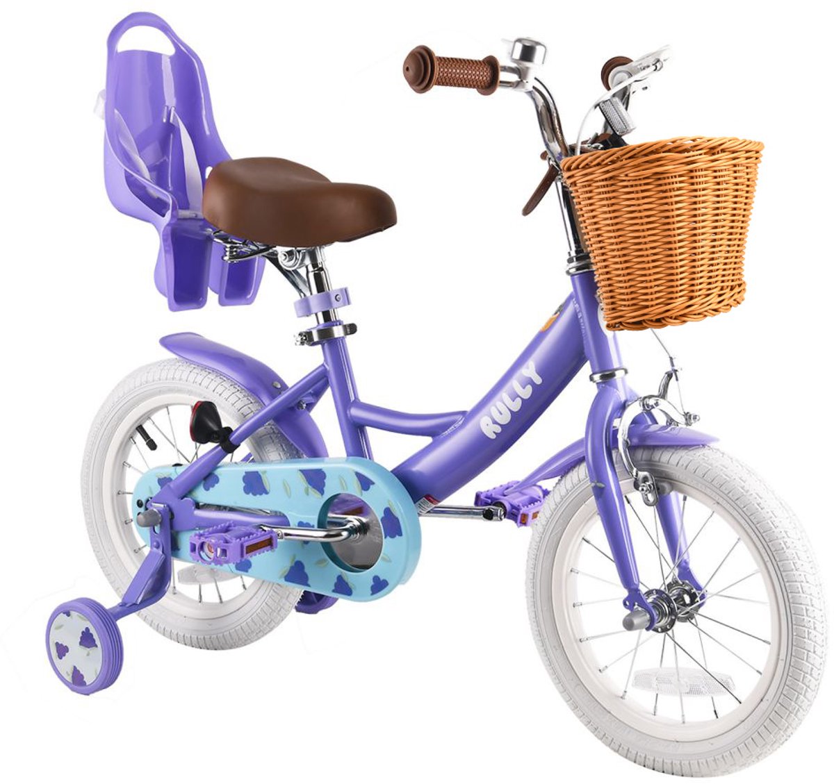 Rully Kinderfiets voor Meisjes - 12/14/16 inch - Citroendesign - Met Zijwieltjes, Rieten Mand en Poppenzitje -Paars