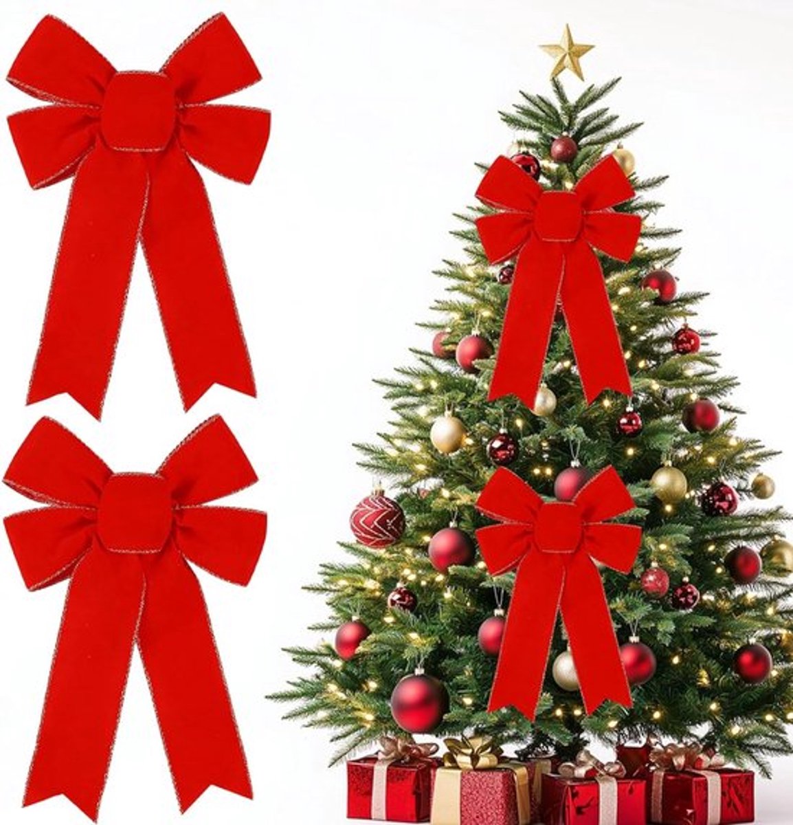 Kerstboom met rode strikken - grote strik voor kerstboom - glinsterende strikken - voor geschenkverpakking - kerstboomversiering - kerstdecoratie - feestelijke decoratie