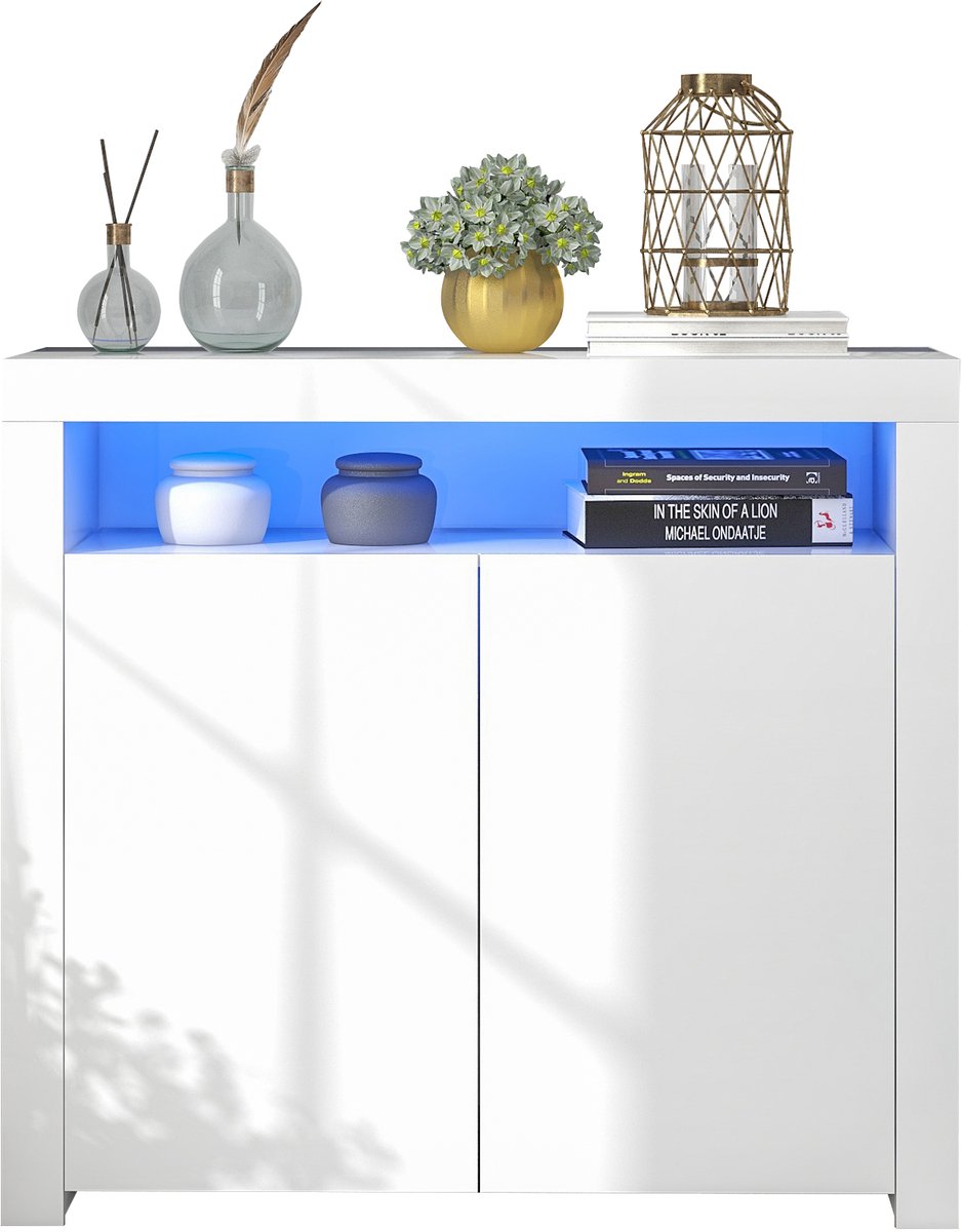COVREO Sideboard 108x40x92 cm wit, hoogglans, LED verlichting, 2 deuren