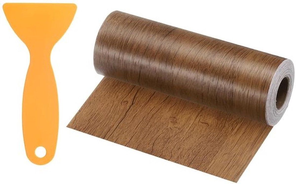 Zelfklevende Houtreparatiepatchband 6 inch x 33ft - Simulatie houten vloerband - Plastic schraper - Voor tafels, deuren, ramen, meubels - Bruin hout textuur - Duurzaam en Gemakkelijk te Gebruiken