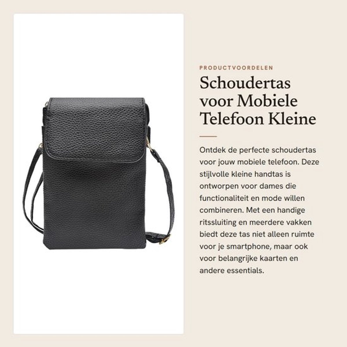 Schoudertas Dames - Kleine Telefoontas met Ritssluiting - Veel Vakken - PU-leer - Zwart - Afmetingen 20 x 13 x 3 cm