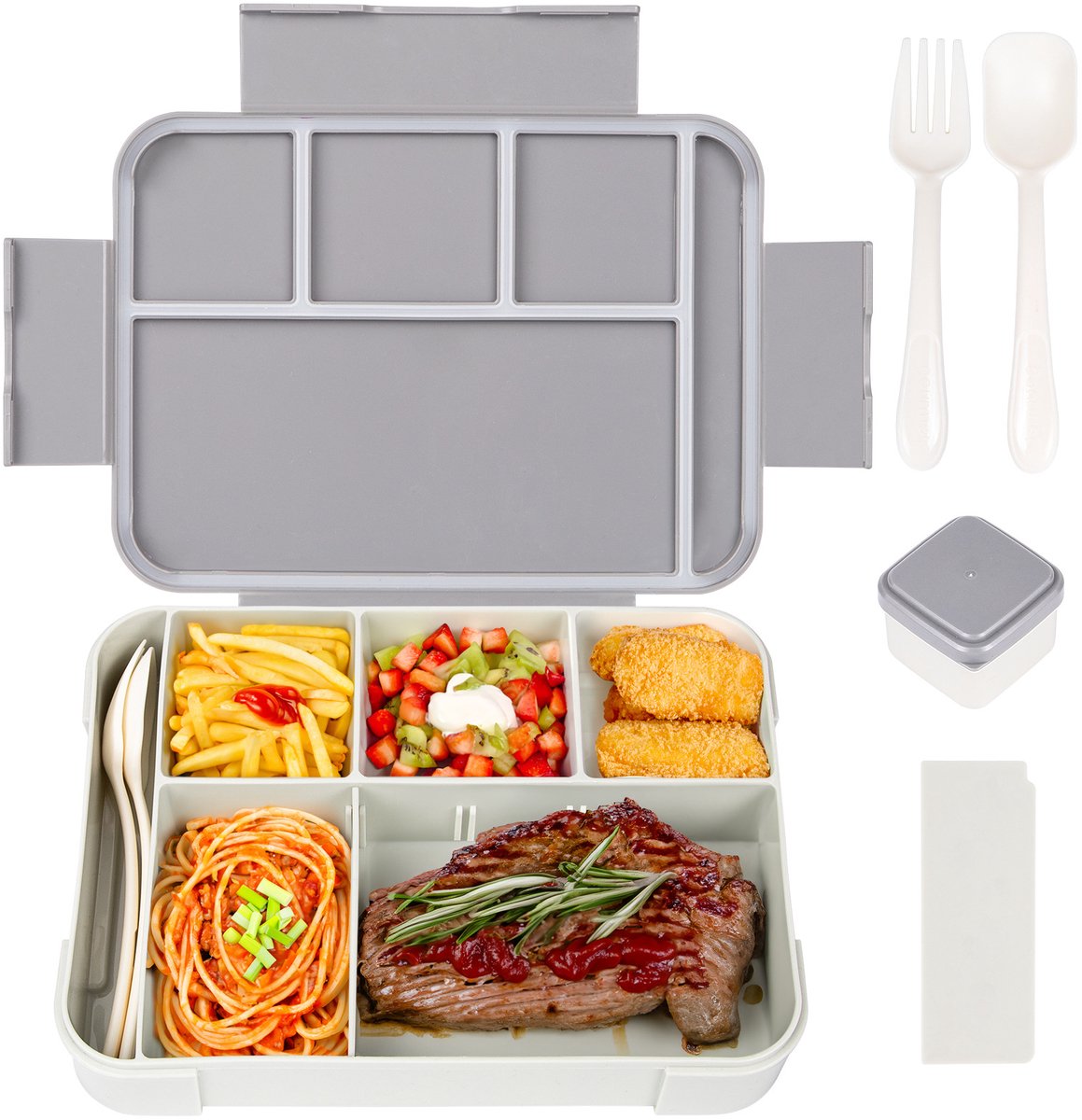 Sanorum Bento Lunchdoos voor Gezinnen: 6 Vakken Lunchcontainers voor Volwassenen, Kinderen en Peuters inclusief Sauscontainers - Veilig voor Magnetron, Vaatwasser en Vrieskast | BPA-vrij-Grijs