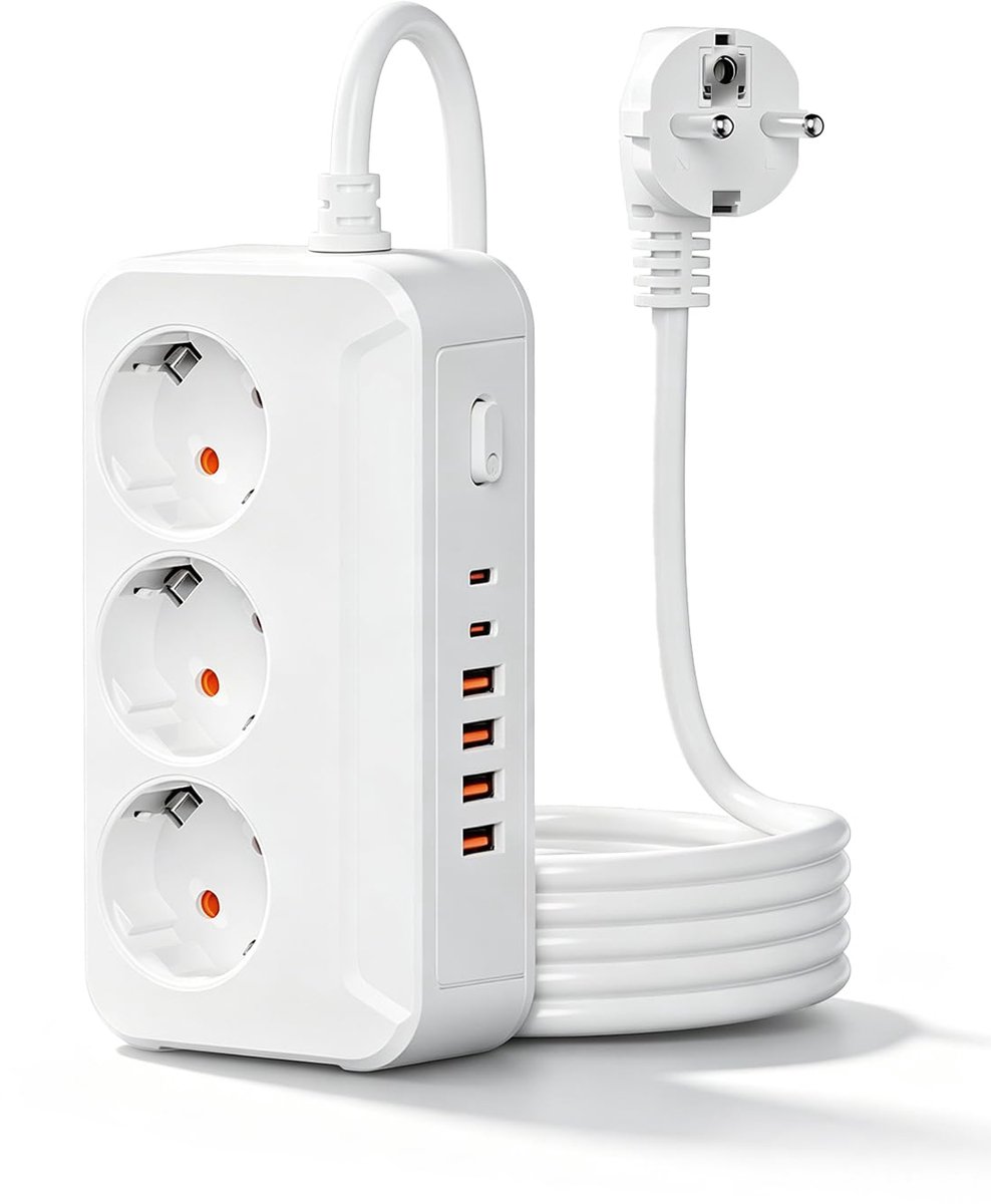 Ryoudavell - Stekkerdoos met USB C en Schakelaar - 3 Stopcontacten 4 USB A en 2 Type-C Poorten - Verdeelstekker met 1.8 Meter Verlengsnoer - Multifunctionele Stekkerblok Wandmontage - 2500W Meervoudige Contactdoos voor Thuis Bureau en Kantoor - Wit