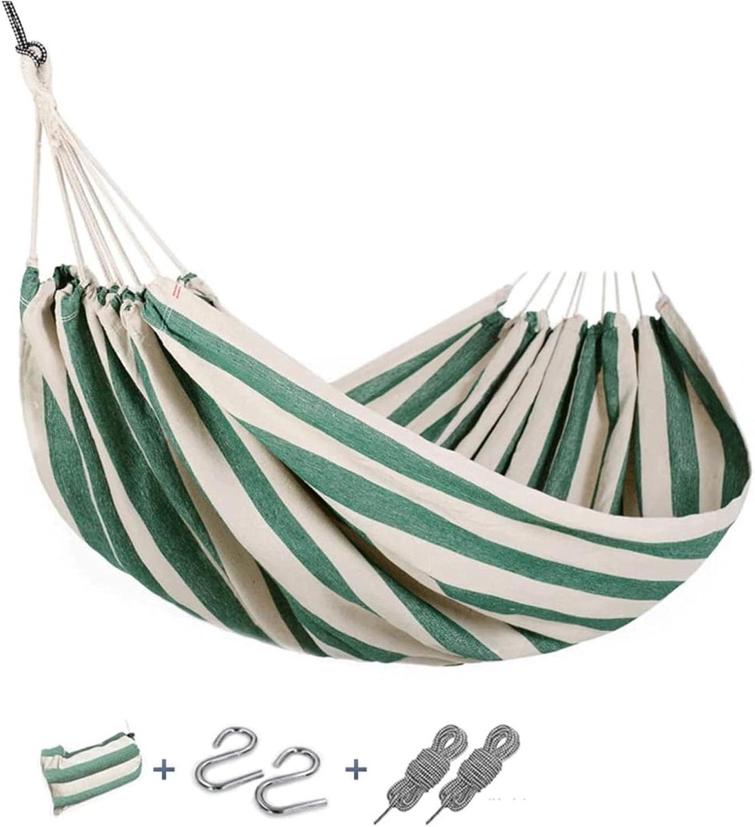 Hangmat Katoen - Draagbare Hangmat - Ontspannen Buiten - Dubbel Persoons - 200x150cm - Groen Wit Gestreept