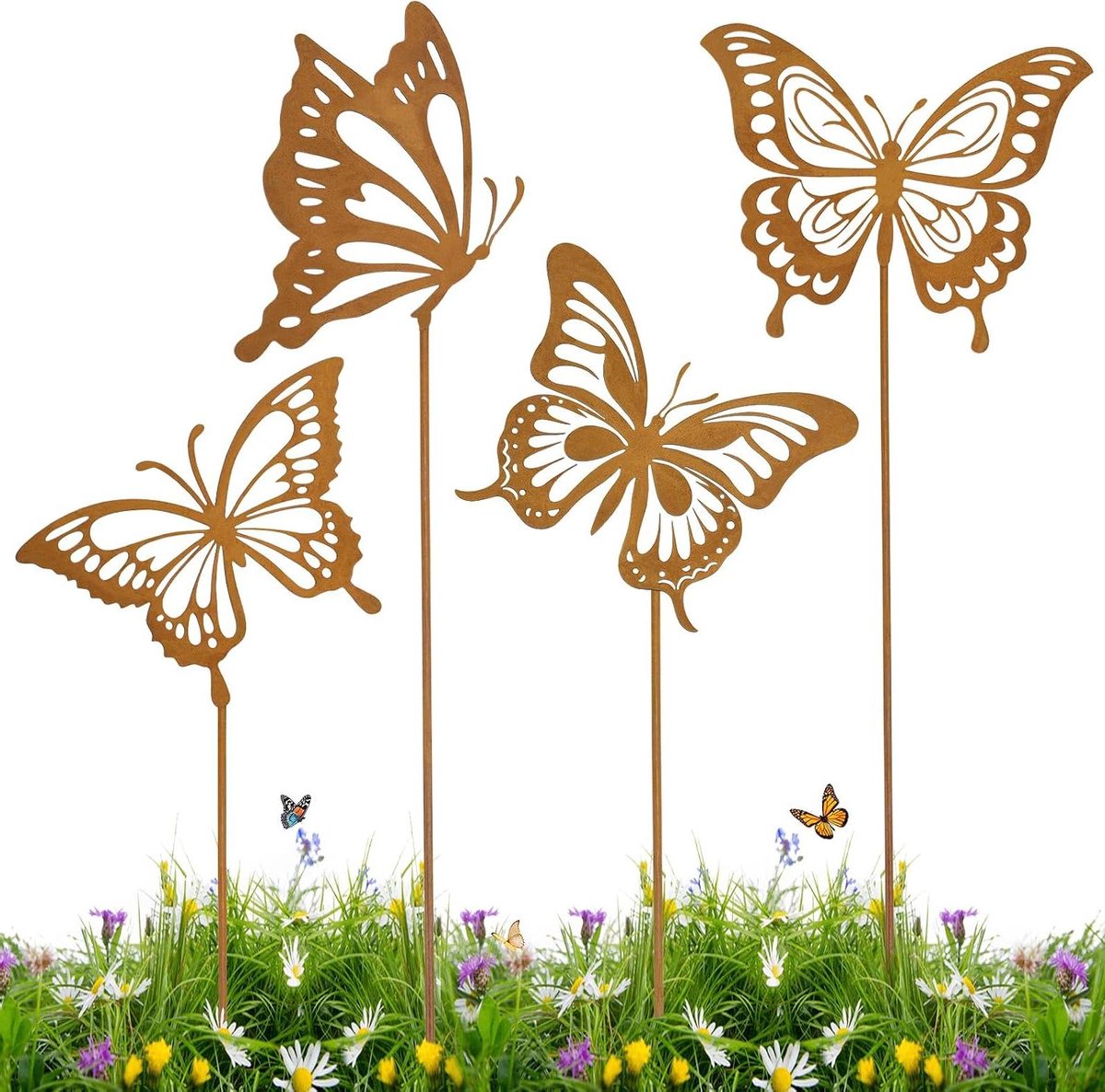 Tuinstekers Vlinders - Metalen decoratie Roeststeker - Tuin decoreren - Fijne vleugelpatronen - 31 cm hoog - Roestkleurig