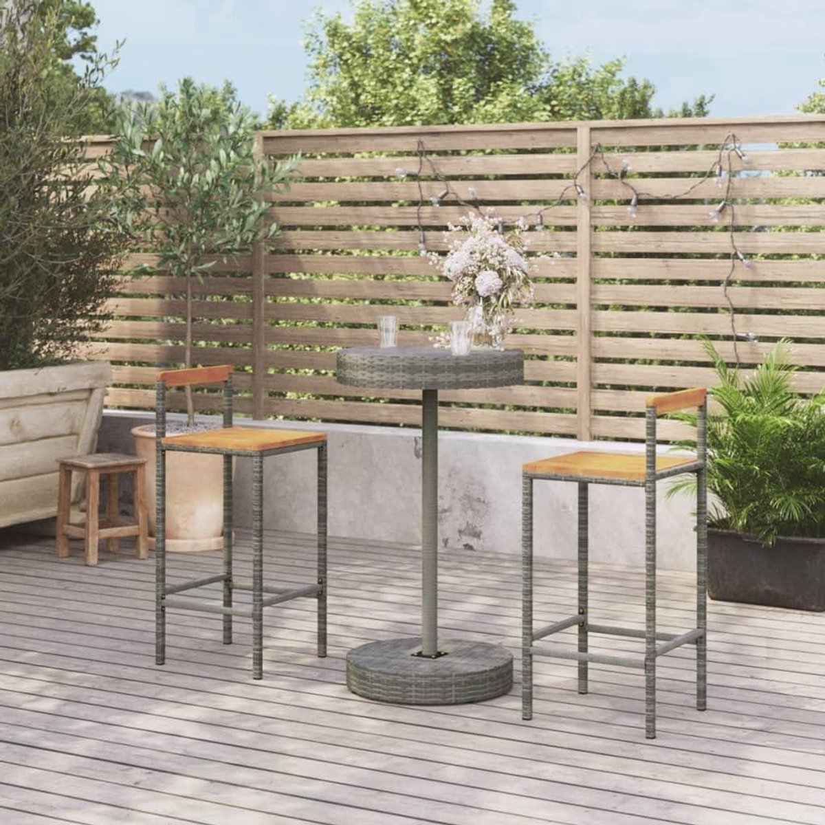 Tuinbarset 3-delig - Buitenmeubels Terras - Genieten Buiten - Polyrotan & Hout - 40 x 44 x 100 cm - Grijs