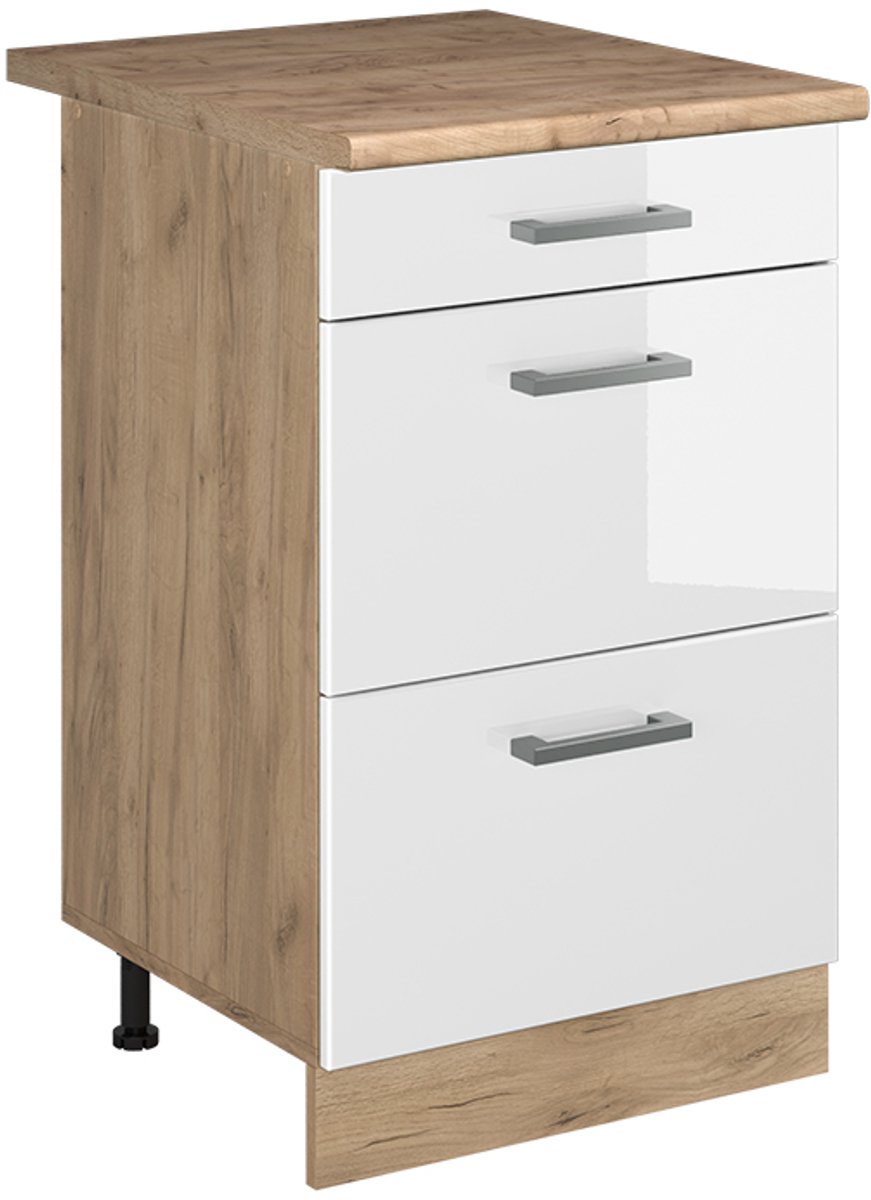 Vicco Keukenonderkast R-Line, Wit Hoogglans/Goudkleurig Eiken, 50 cm goudkleurig eiken werkblad