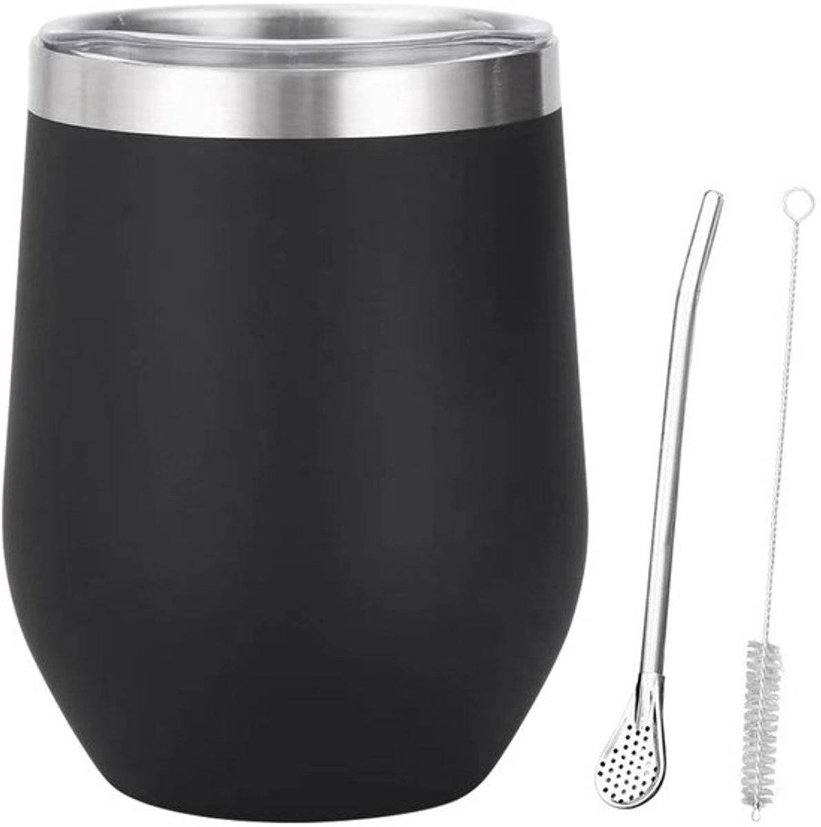 Koffiekopjesset 355 ml Dubbellaagse Cappuccinokopjes Groot met Rietjeslepel en Rietjesborstel RVS Isolatie Theekopje voor Thee, Melkthee, Melk
