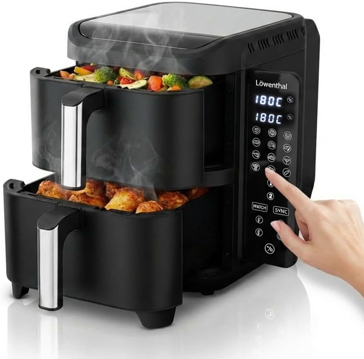 Dubbele Airfryer XL - Hete Lucht Friteuse - Gezond Koken - Dubbele Mand - 11 Liter - Zwart