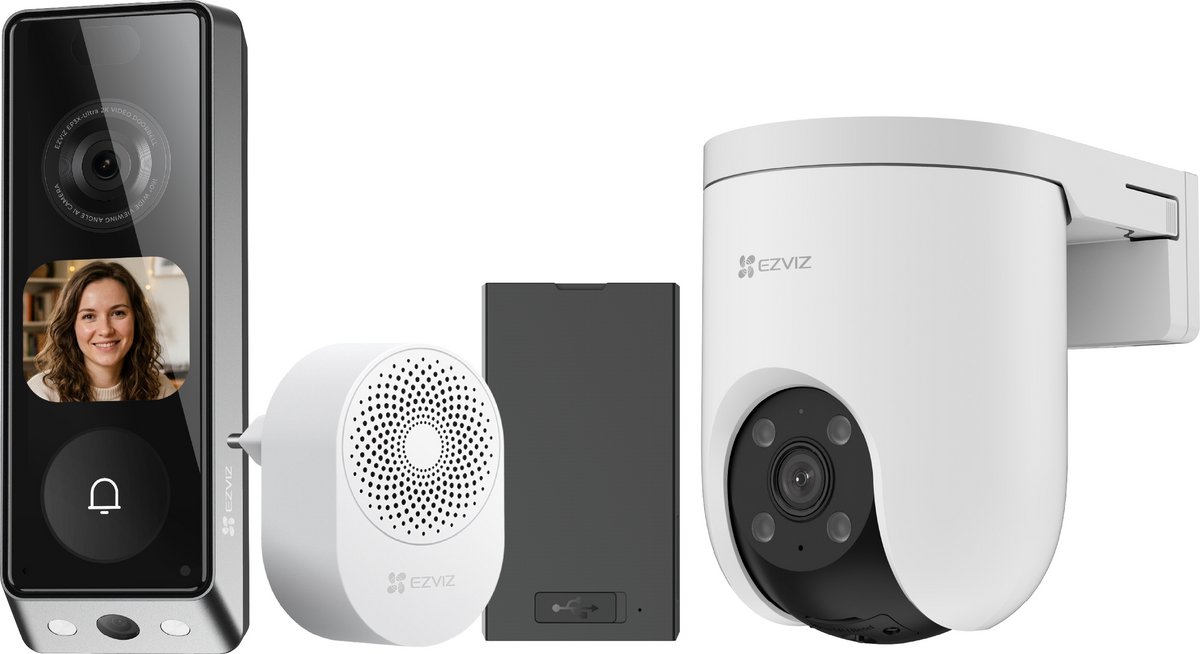 EZVIZ H8c Pro 4K + EP8 Ultra - 360° Buitencamera en Slimme Videodeurbel - Persoons-, Voertuig- en Pakketdetectie - Voordeelbundel - Wit