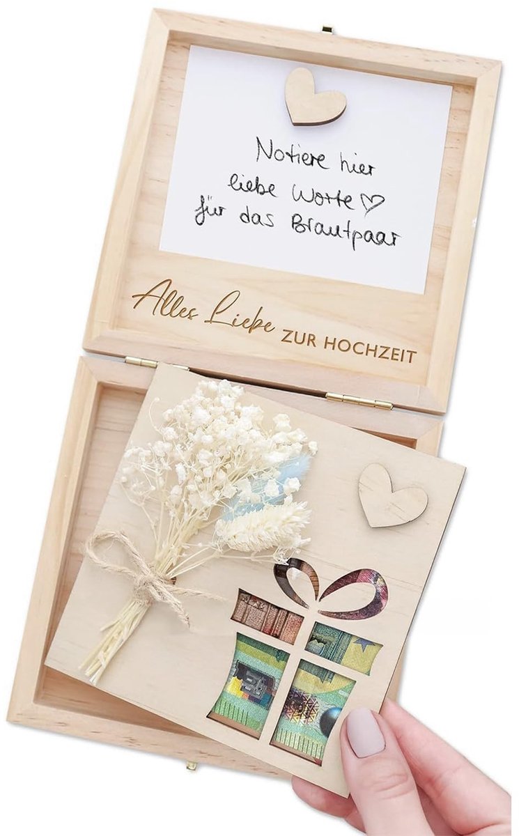 Omgoods - Houten Geldgeschenkdoos voor Bruiloft met Gedroogde Bloemen