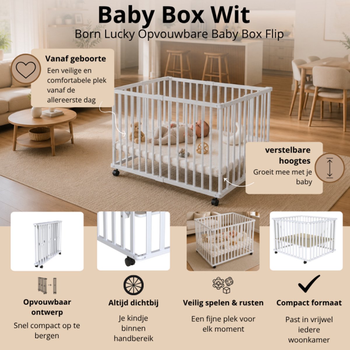 Born Lucky Opvouwbare Baby Box Flip Wit – foto 2