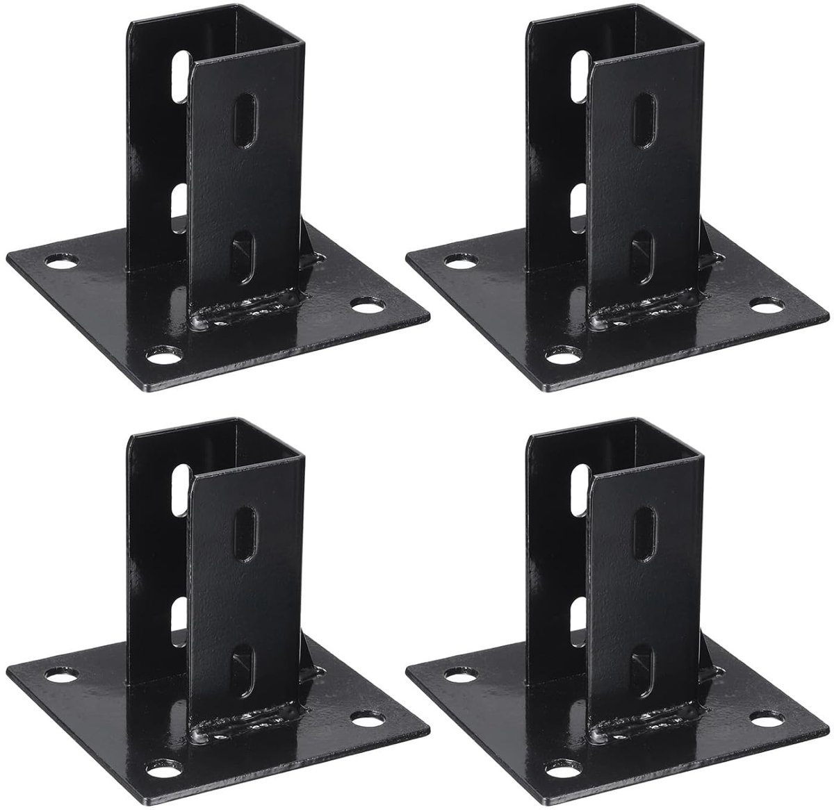 4 Stuks 4-Gats Voet voor 2 Inch Carbon Stalen Goot voor Enkele Kanaal Hekpalen, Zwarte Vierkante Basis, Ideaal voor Tuin en Buitengebruik