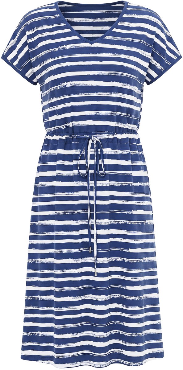 MIAMODA - Dames - Midi-jerseyjurk regular fit gestreept trekkoord in de taille - Donkerblauw - Maat 52