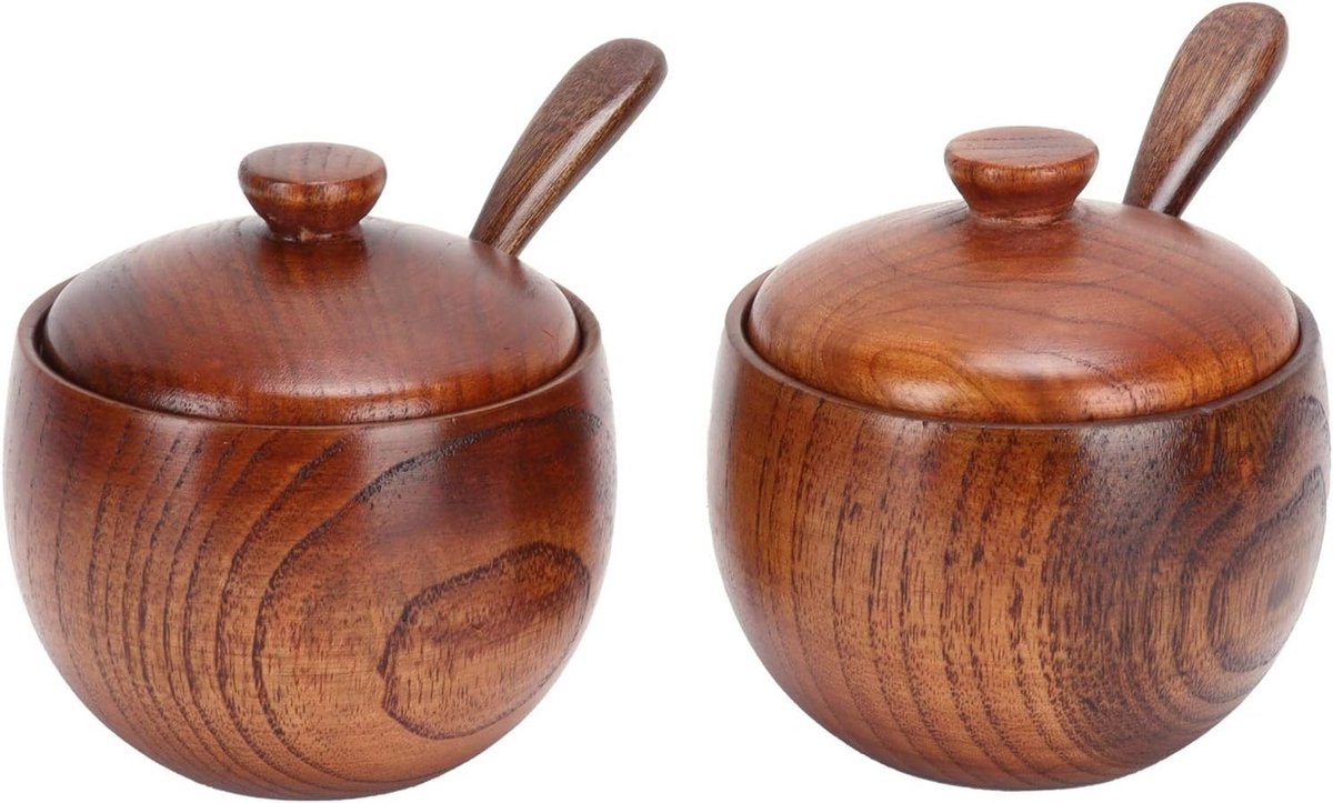 Specerijenpot Set van 2 - Houten Kruidenpot - Met Deksel en Lepel - Milieuvriendelijk - 6x9cm - Stijlvol voor Keuken