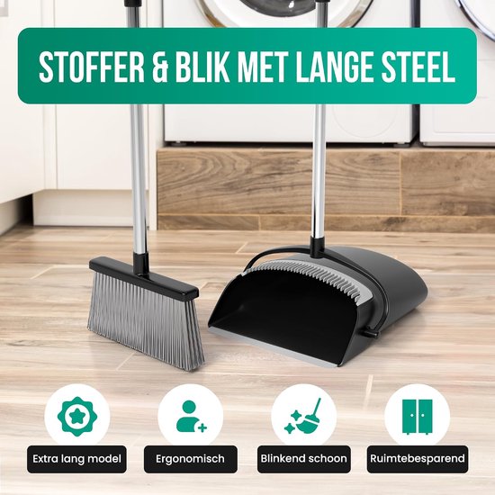 Stoffer en Blik - Veegset Lange Steel - Stofvrij Huis - Verstelbare Steel - 87-127 cm - Zwart — afbeelding 4