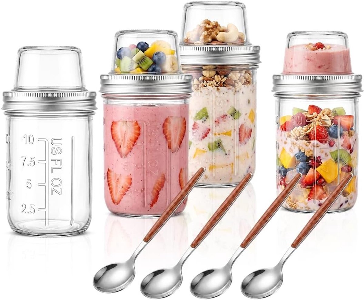 Overnight Oats potten met deksel, 2 stuks, ideaal voor muesli, yoghurt en salades, met roestvrijstalen lepel en scheiding voor toppings