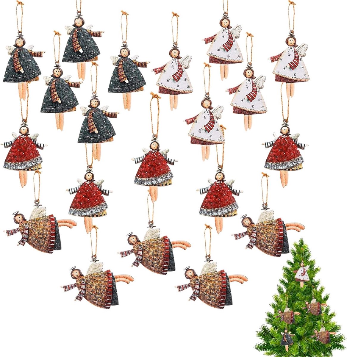 Houten Engel Hangers voor Kerstboom - Set van 20 - Kleine 6 cm Decoraties in Diverse Kleuren en Stijlen - Perfect voor Feestdagen en Cadeaus