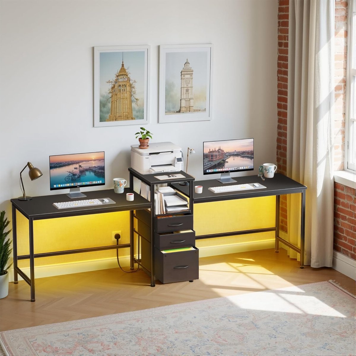 Dubbele Bureau met Oplaadstation, LED Verlichting, Lades en Printerplank - 236 x 46 x 74 cm, Ideaal voor Thuiswerk, Gaming en Kantoorgebruik, 2 Stopcontacten en 2 USB Poorten