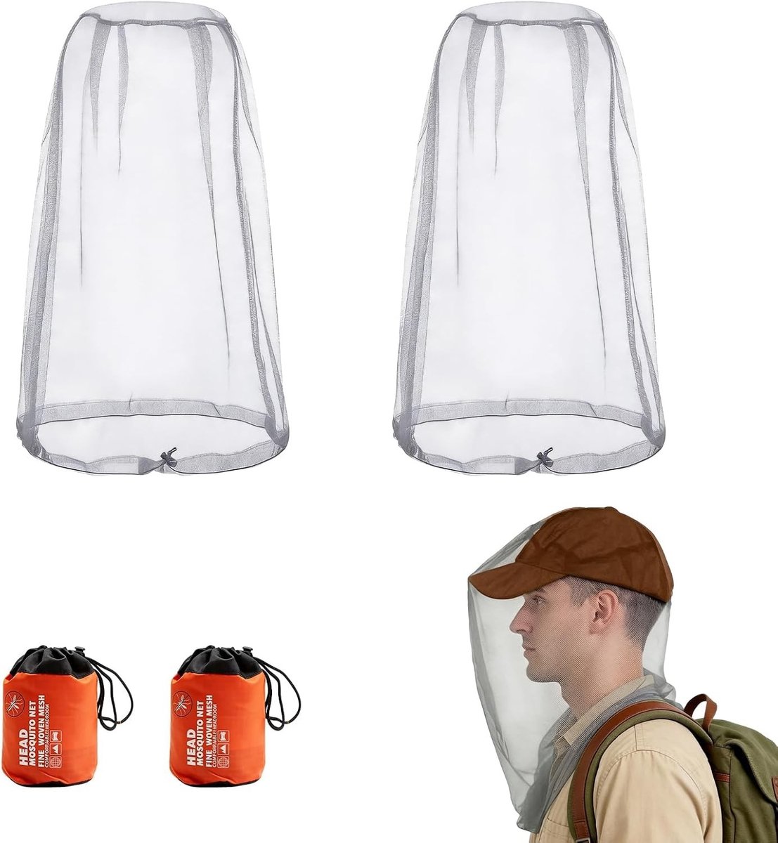 Set van 2 Muggennetten met Trekkoord, Verstelbaar Hoofdbescherming voor Kamperen, Reizen en Buitenactiviteiten, Fijn Grijs Gezichtsmasker