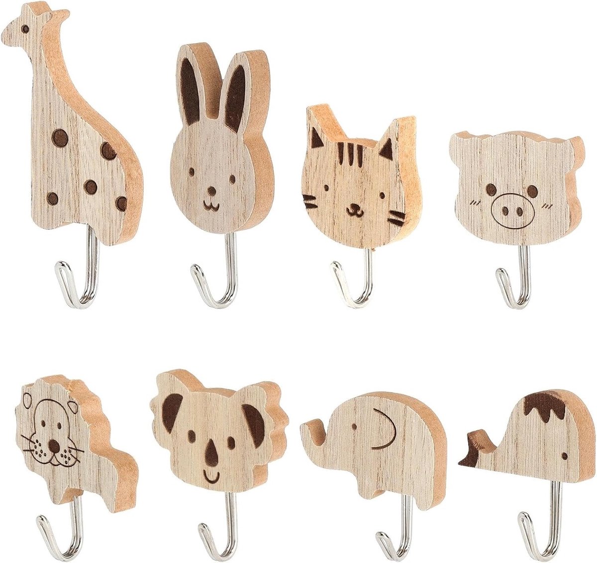 Set van 8 Zelfklevende Haken voor Kinderen - Olifant, Walvis, Kat, Leeuw, Konijnen en Giraffe - Perfect voor Kinderkleding, Badkamer, Keuken en Hal