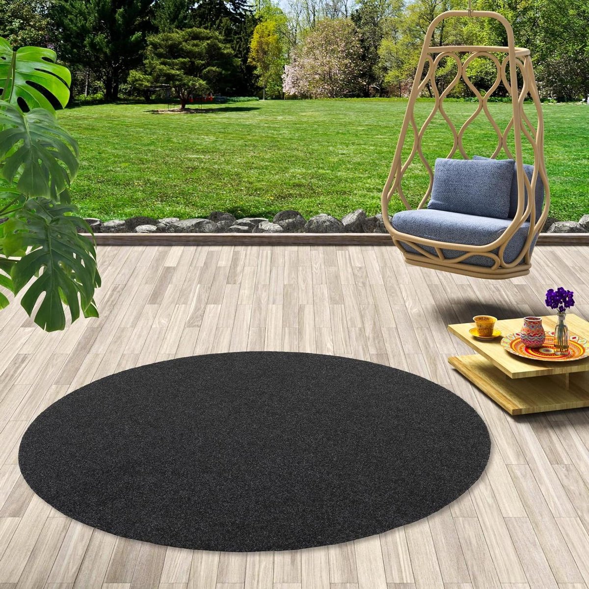 Kunstgras met Noppen - Siergras Vloerkleed - Balkon Decoratie - Waterdoorlatend - 100 cm Rond - Antraciet