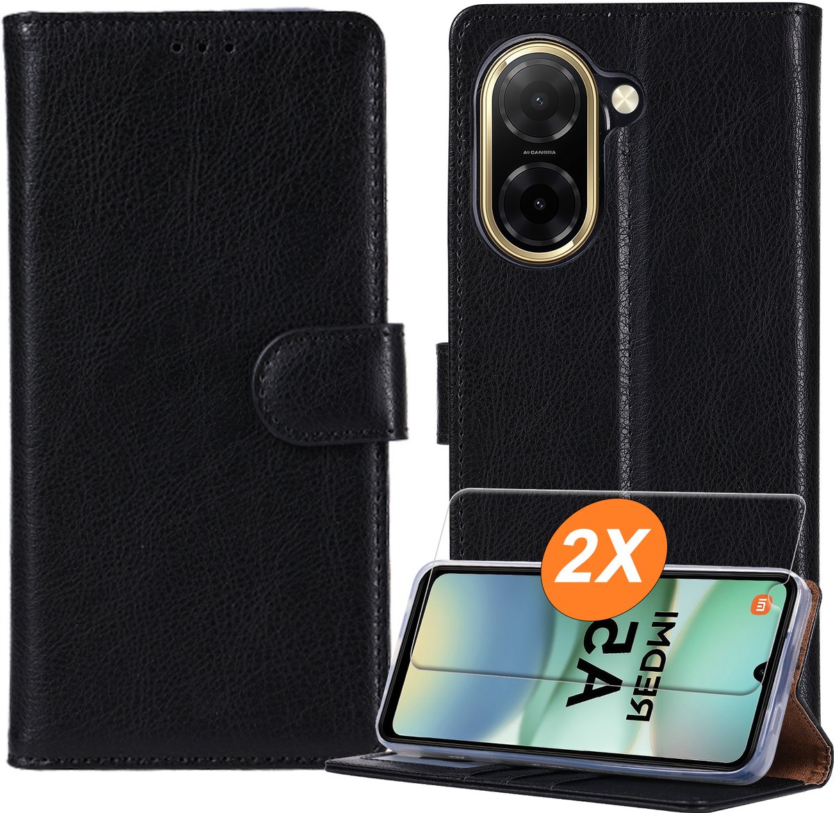 Hoesje geschikt voor Xiaomi Redmi A5 4G / Xiaomi Poco C71 hoesje Zwart pasjeshouder telefoon hoes - Met screenprotector tempered glass voor Xiaomi Redmi A5 - 2x