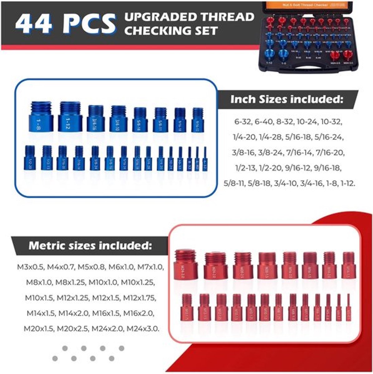 Moer- en Boutdraadcontroleur 44 Stuks - Aluminium Meters - SAE/Metrisch - Opbergdoos met Labels - Draadspoed Meten - Handige Set - Draadmeter