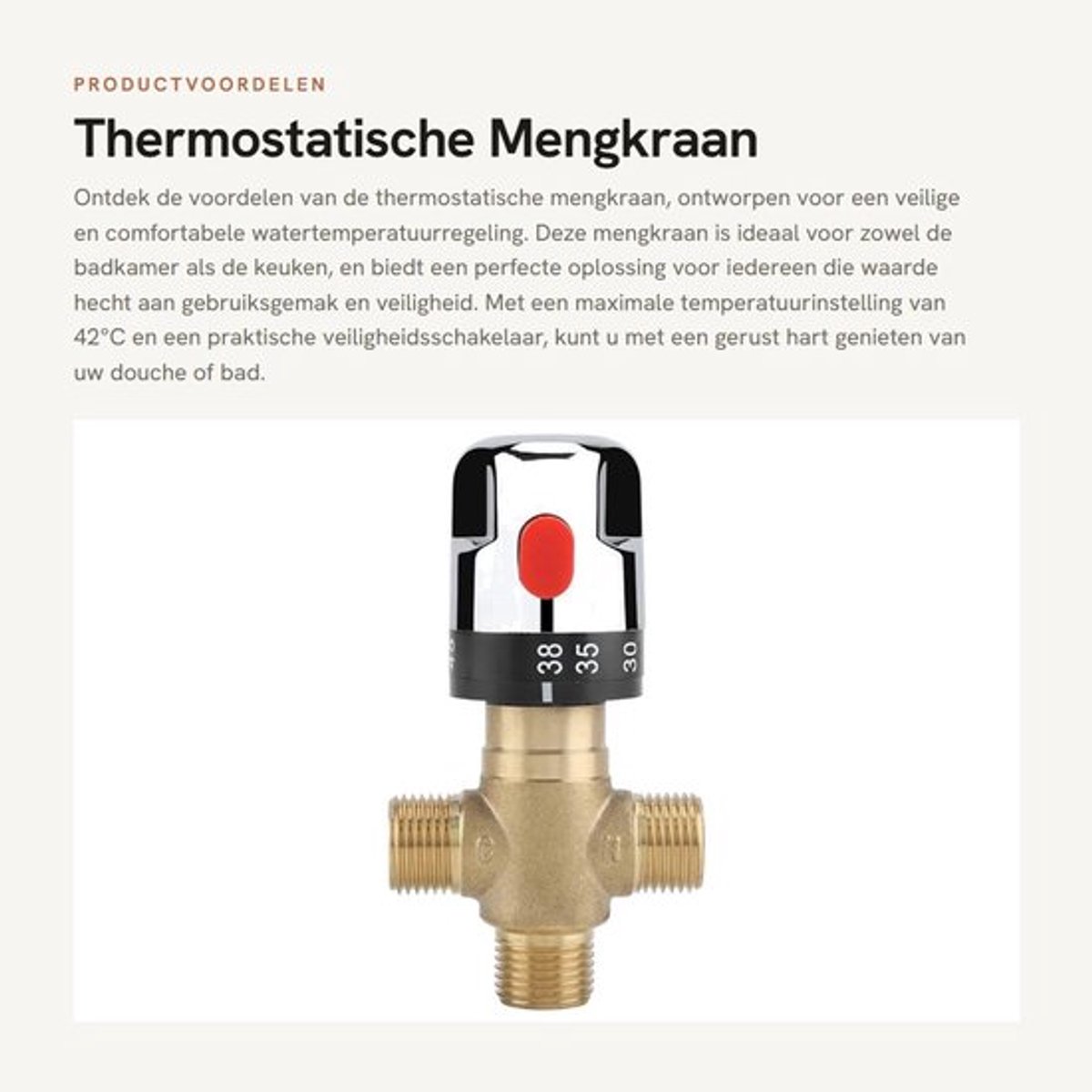 Mengkraan Thermostatisch - Thermostaatregeling - Veiligheidsschakelaar - 15 mm Aansluitingen - Maximaal 42°C - Massief Messing - Thermostaatkraan
