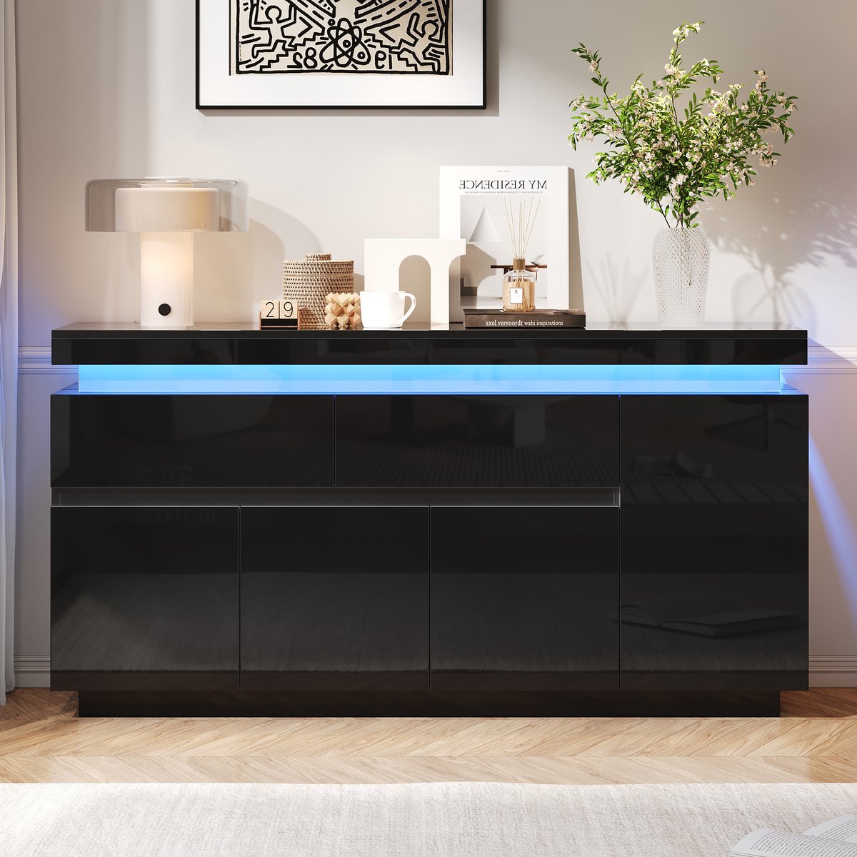 Pugsdrly 140 x 35 x 72,5 cm woonkamerkast, dressoir, bijzetkast met 2 lades, hoogglans ladekast, commode, opbergkast met 4 deuren, LED-onderkast, zwart