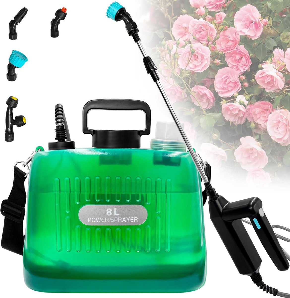 8L Elektrische Tuinsproeier Met 4 Sproeistanden En USB-Oplaadfunctie - 58 cm Telescopische Sproeistang Dubbele Vulopeningen Met Filter - Voor Planten, Onkruid En Huishoudelijk Gebruik - Groen