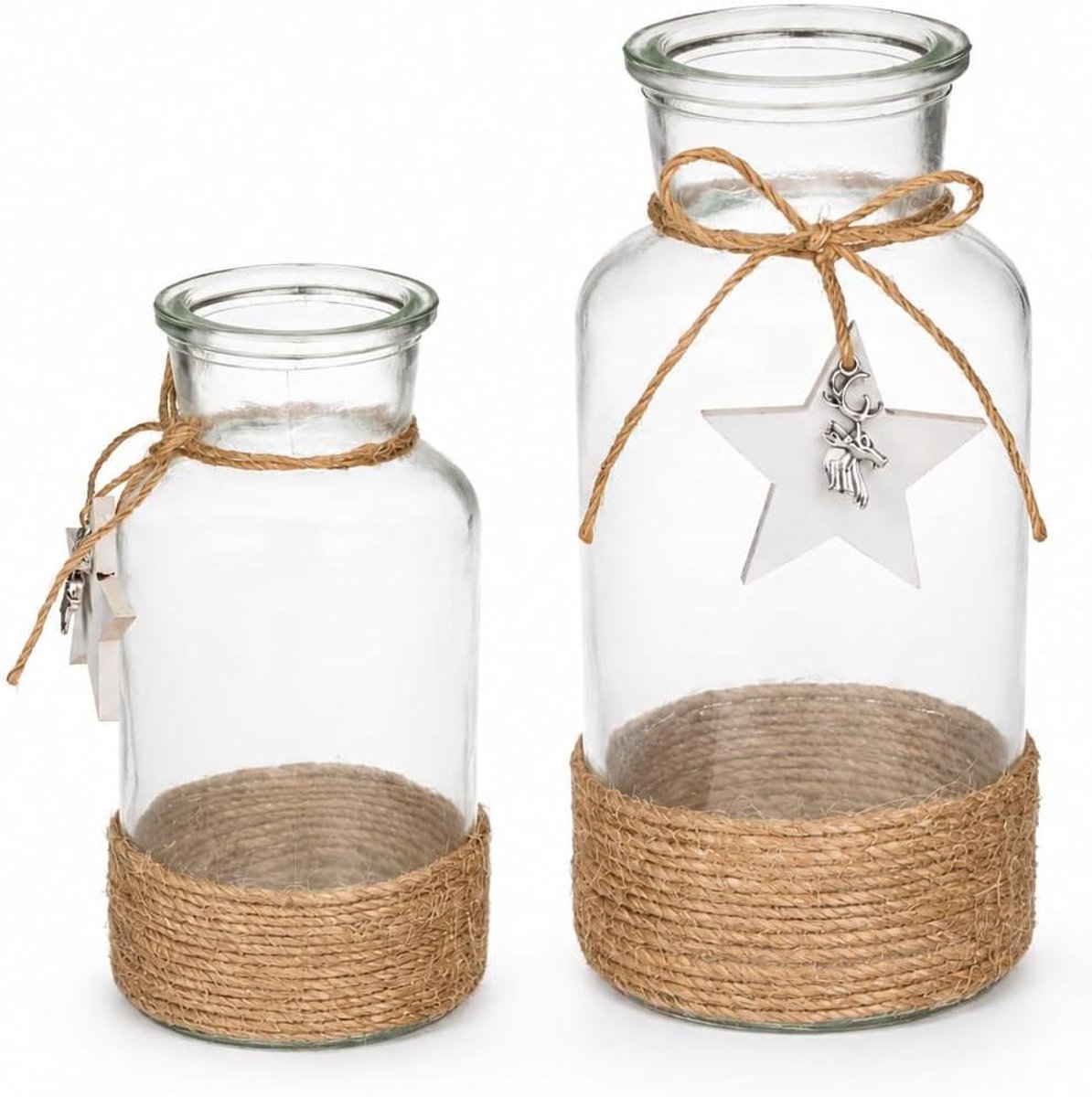 Glazen Vazen Set - Tafelvazen Decoratie - Bloemen Schikken - Met Jute Lint - 2 stuks - Doorzichtig